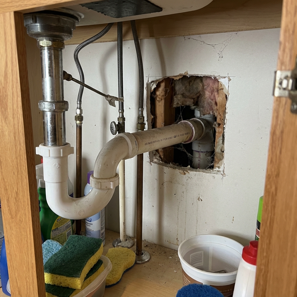 A real under-sink cabinet showing plumbing pipes entering the wall with a visible gap around the pipe