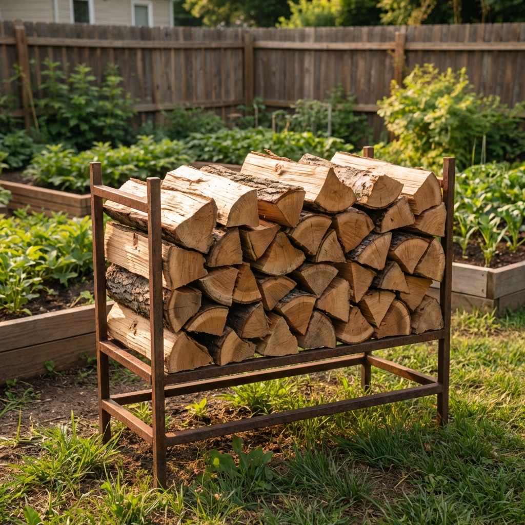 A real woodpile on a raised rack with open space underneath in a backyard