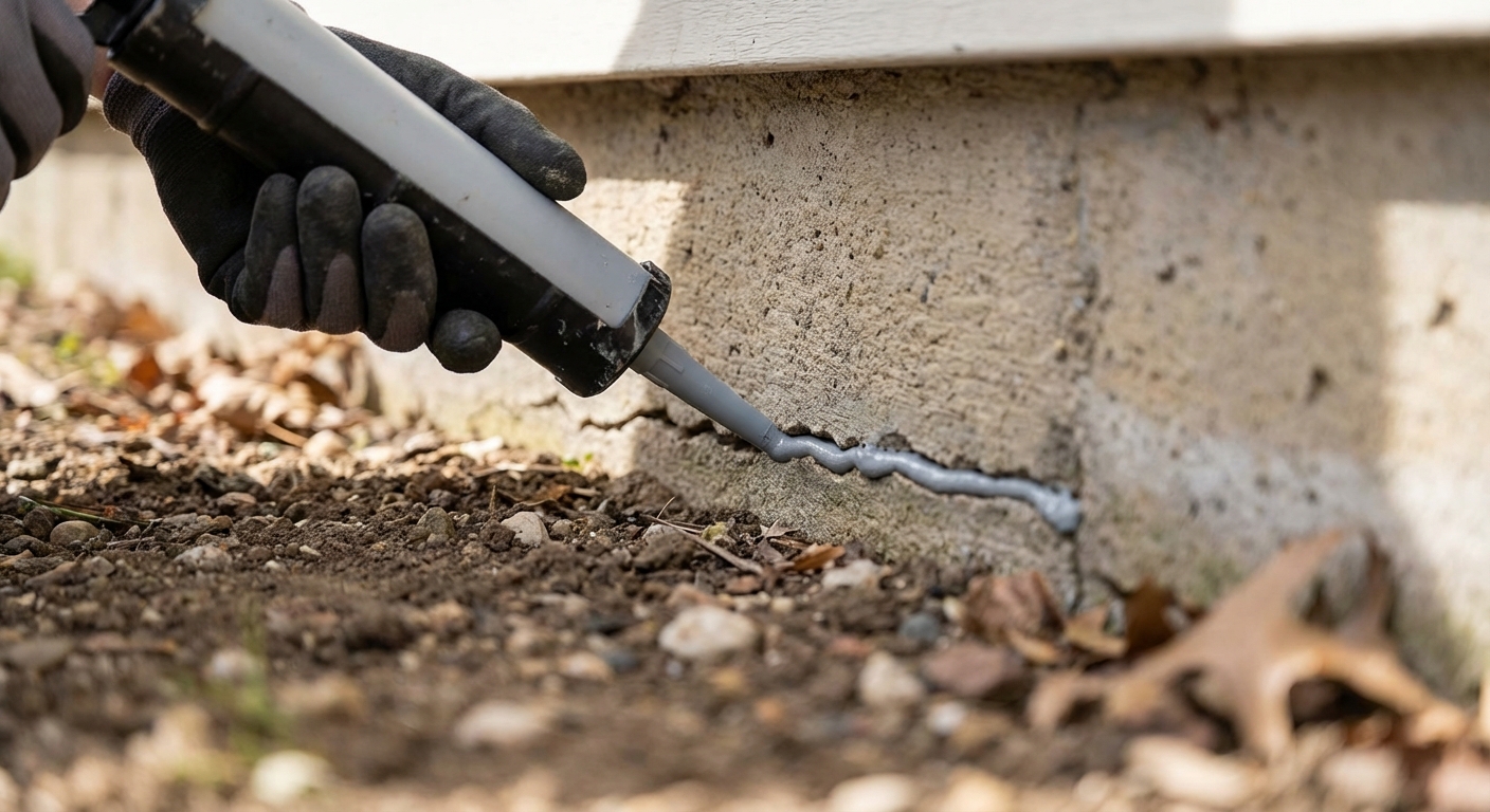 A realistic photo of a hand applying exterior-grade caulk to a small crack along a home foundation near ground level, shallow depth of field, natural daylight