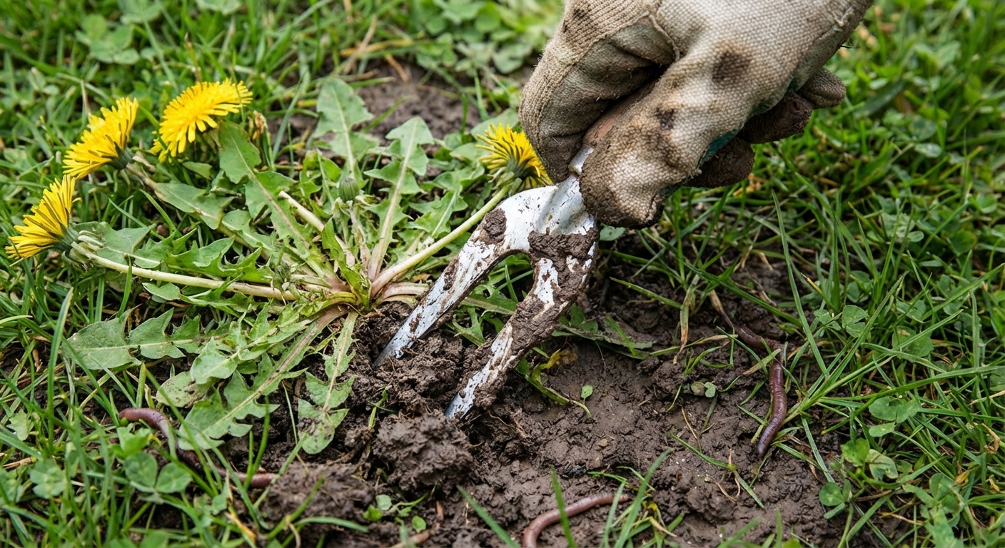 A realistic photo of a hand using a forked dandelion weeder tool pressed into moist lawn soil next to a dandelion rosette, with grass blades visible around the tool