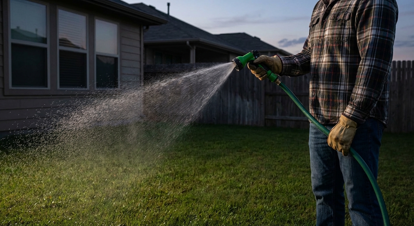 A realistic photo of a person holding a garden hose-end sprayer over a lawn at dusk, applying a liquid treatment evenly across the grass, suburban backyard setting, natural light