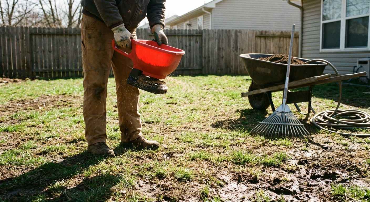 A realistic photo of a person using a handheld spreader to apply grass seed over a patchy backyard lawn, with a rake and garden hose visible nearby