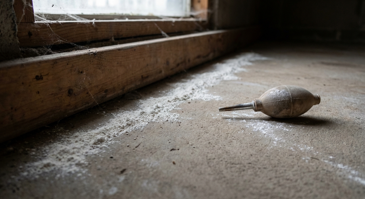 A realistic photo of a thin line of diatomaceous earth powder applied along a basement baseboard on concrete, with a small handheld duster nearby, natural indoor lighting