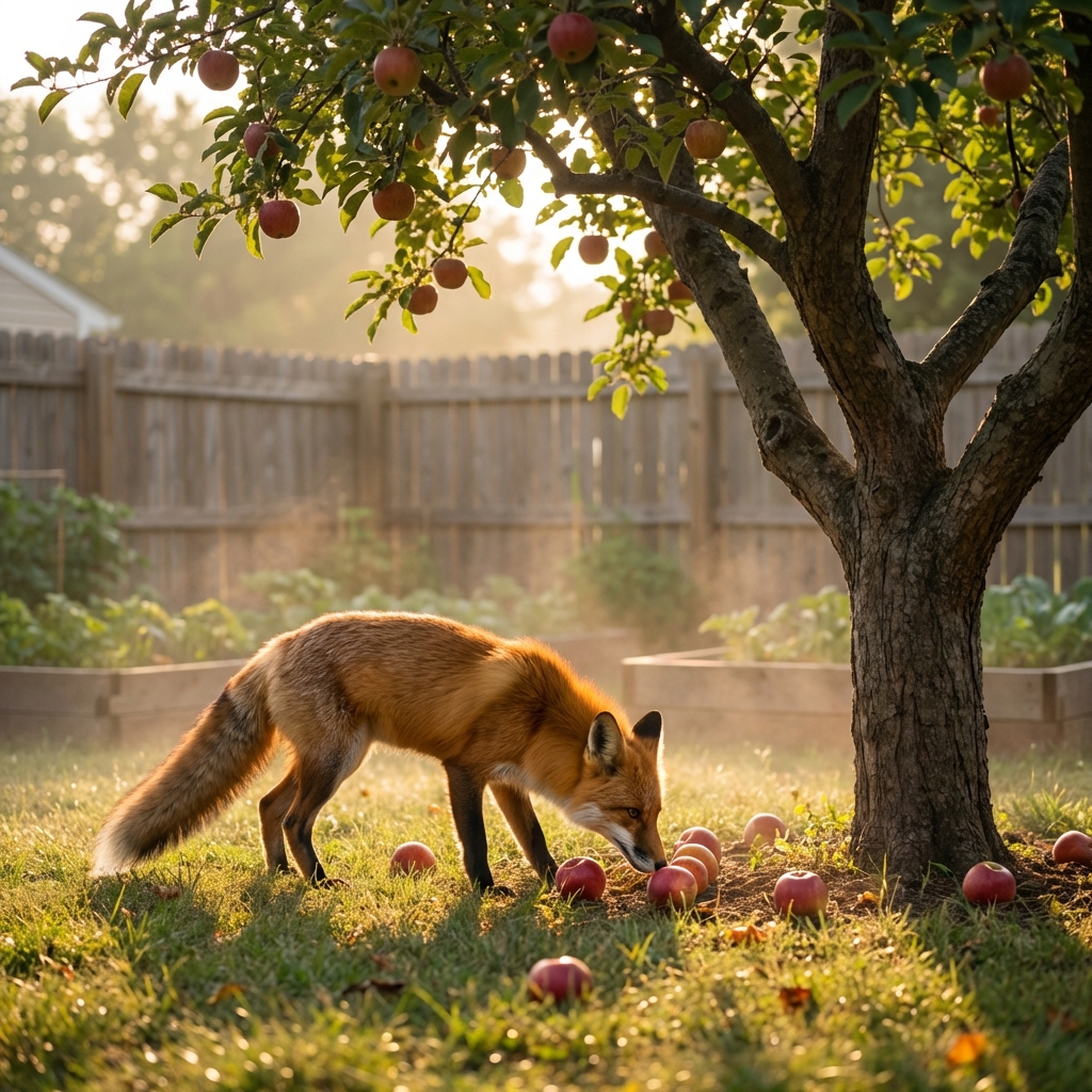 A red fox sniffing fallen apples under a backyard fruit tree in early morning light