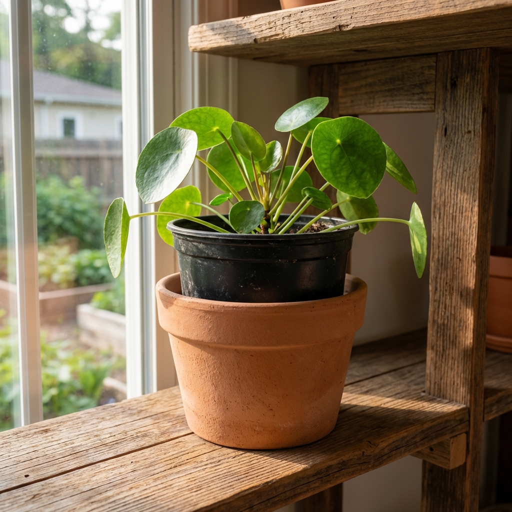 A reused plastic nursery pot placed inside a simple decorative outer pot on a shelf