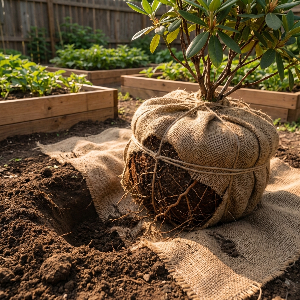 A rhododendron root ball resting on a burlap sheet next to the original planting spot