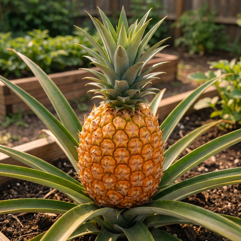 A ripe pineapple still attached to the plant with golden skin and green crown