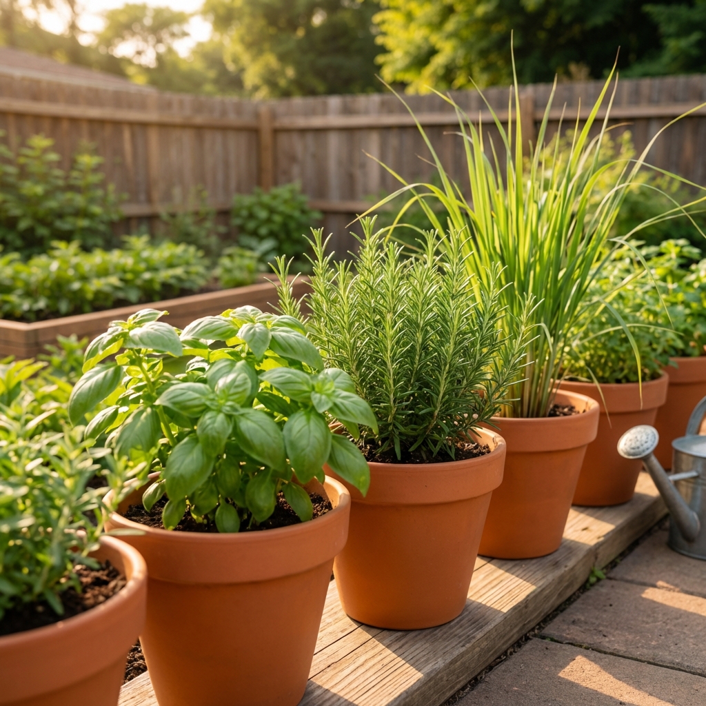 A row of potted basil, rosemary, and lemongrass arranged along a sunny patio edge