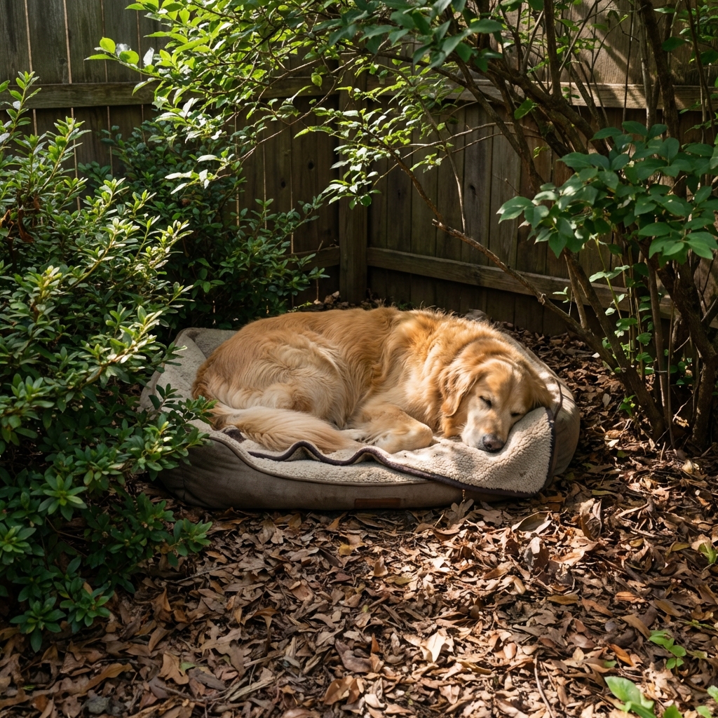 A shaded backyard corner under shrubs with leaf litter and a pet resting spot