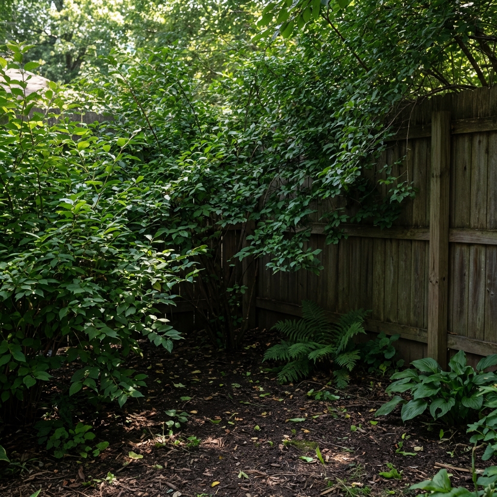 A shady area under shrubs along a fence line in a backyard