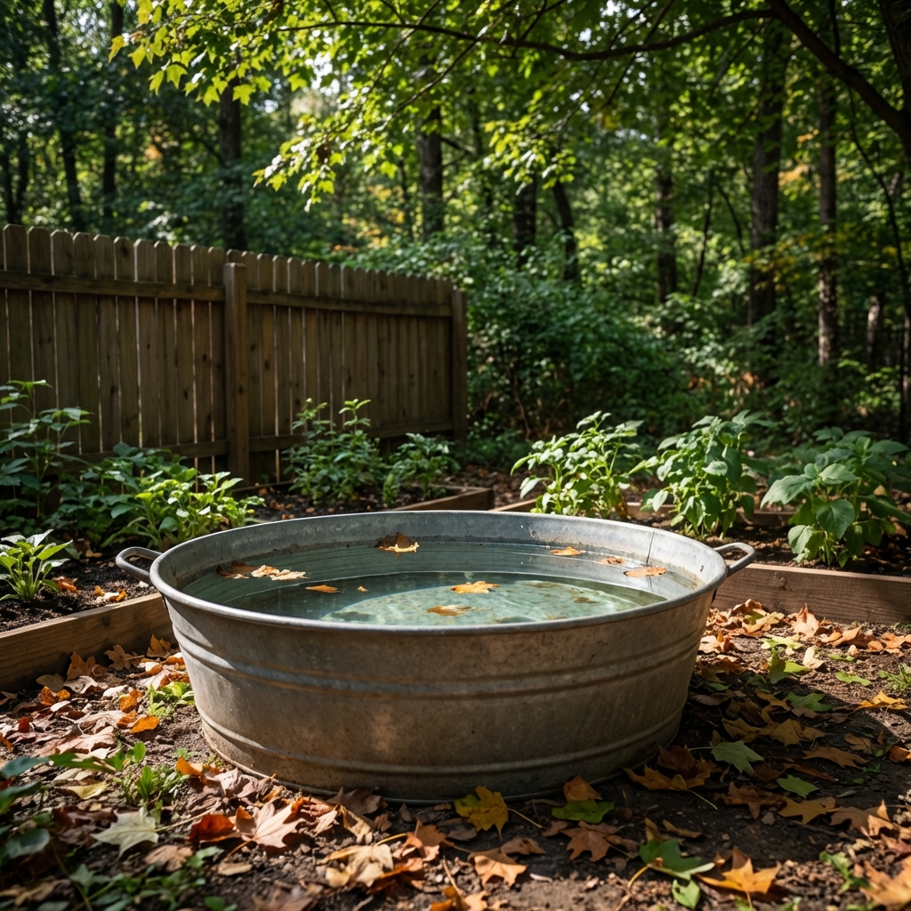 A shallow water tub in a shaded backyard spot with leaves nearby and a forest edge in the background