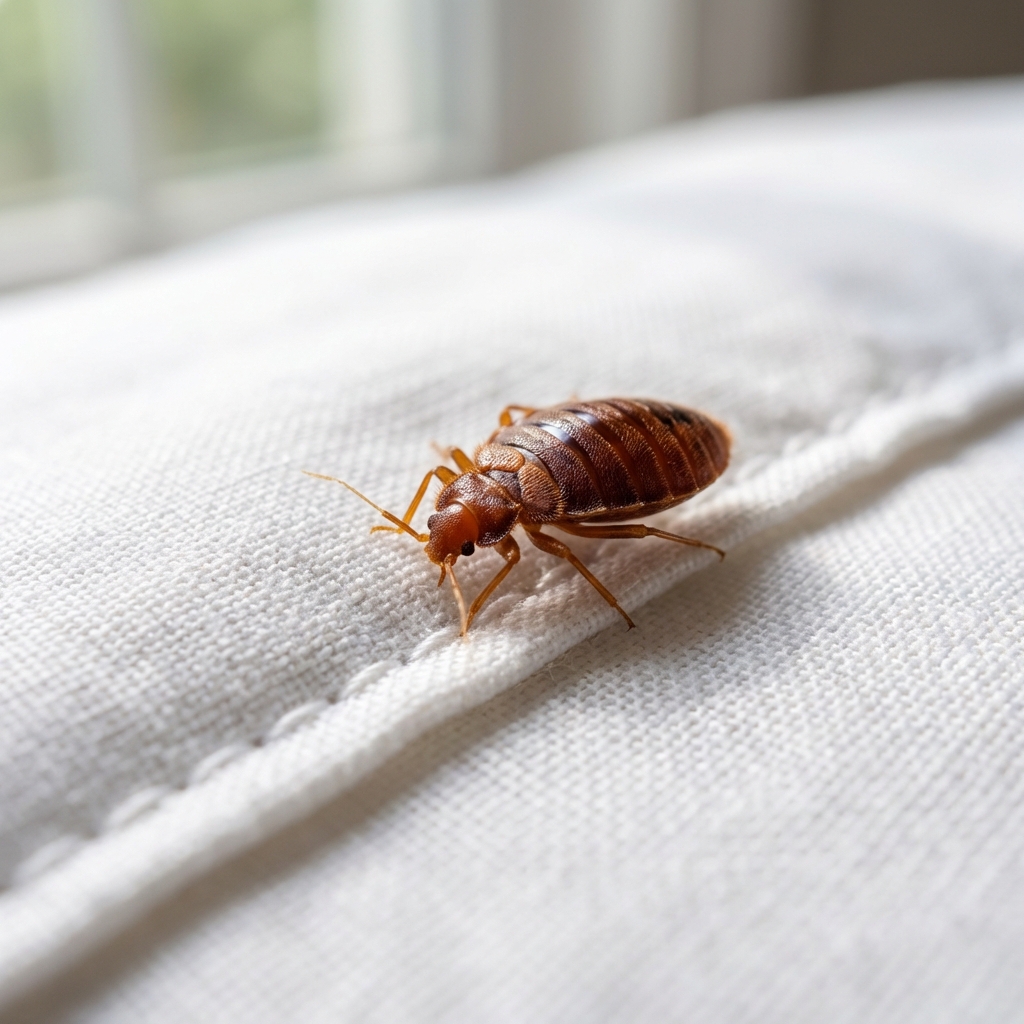 A sharp close-up photograph of an adult bed bug on a white fabric seam under natural light