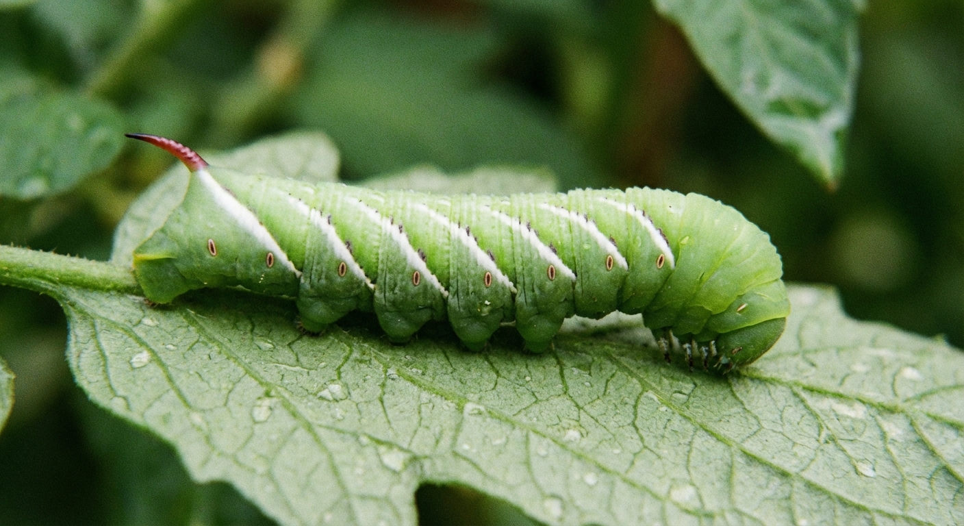 A sharp, photorealistic close-up of a green tobacco hornworm caterpillar on a tomato leaf, showing diagonal white side stripes and a reddish horn, outdoor natural light
