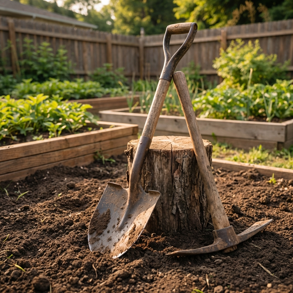 A shovel and mattock leaning against a small tree stump in loose soil in a backyard garden