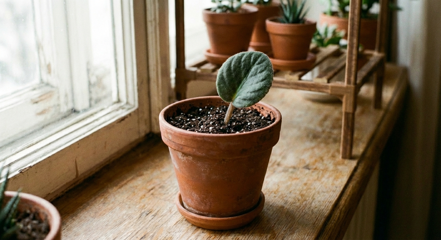 A single African violet leaf cutting planted in a small pot with moist potting mix