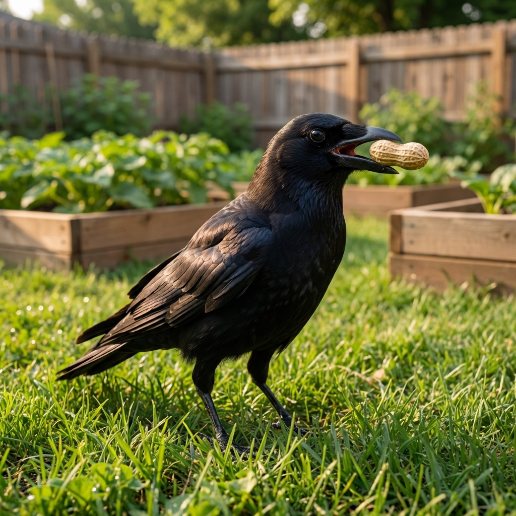 A single American crow standing on green lawn holding a peanut in its beak on a sunny day