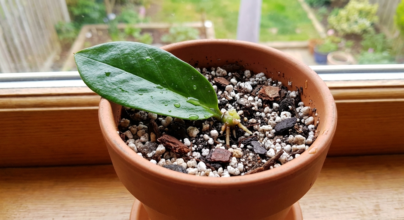 A single ZZ plant leaflet cutting inserted into a small nursery pot filled with well-draining soil, sitting on a windowsill in bright indirect light, photorealistic