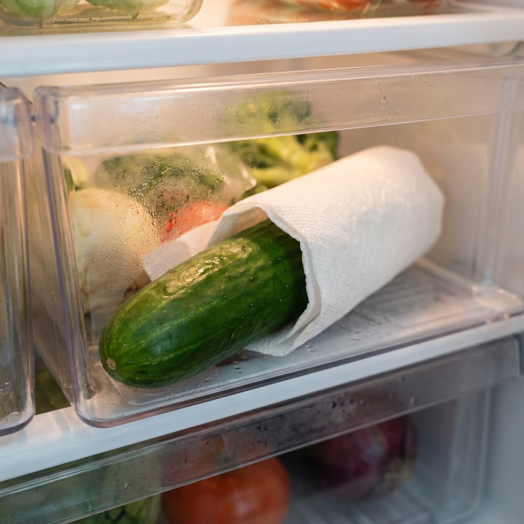 A single cucumber resting in a refrigerator produce drawer wrapped in a paper towel