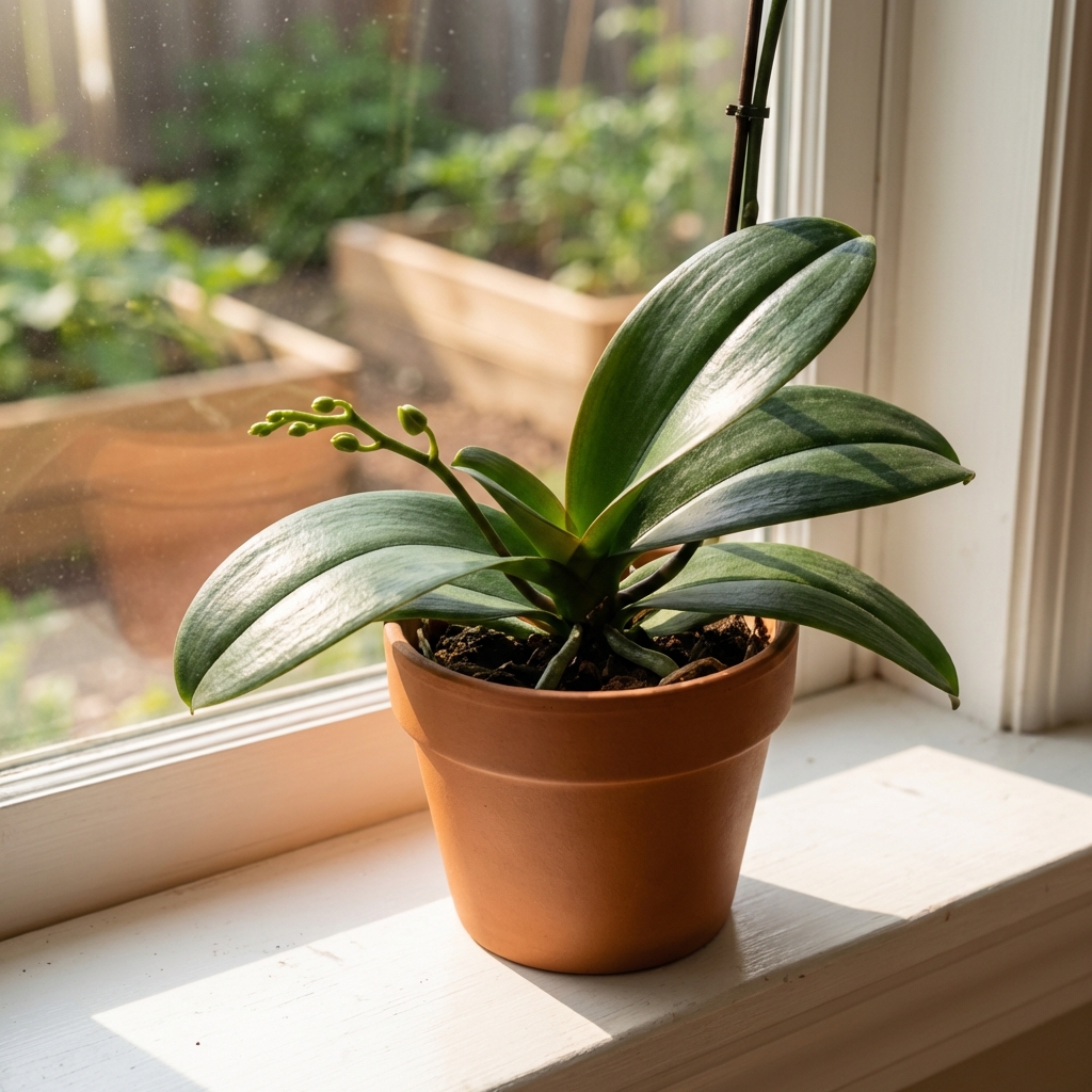 A single healthy Phalaenopsis orchid on a bright windowsill with a new flower spike emerging from the base