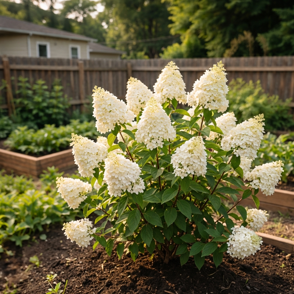 A single hydrangea shrub with cone-shaped white panicle blooms growing in a sunny backyard planting bed