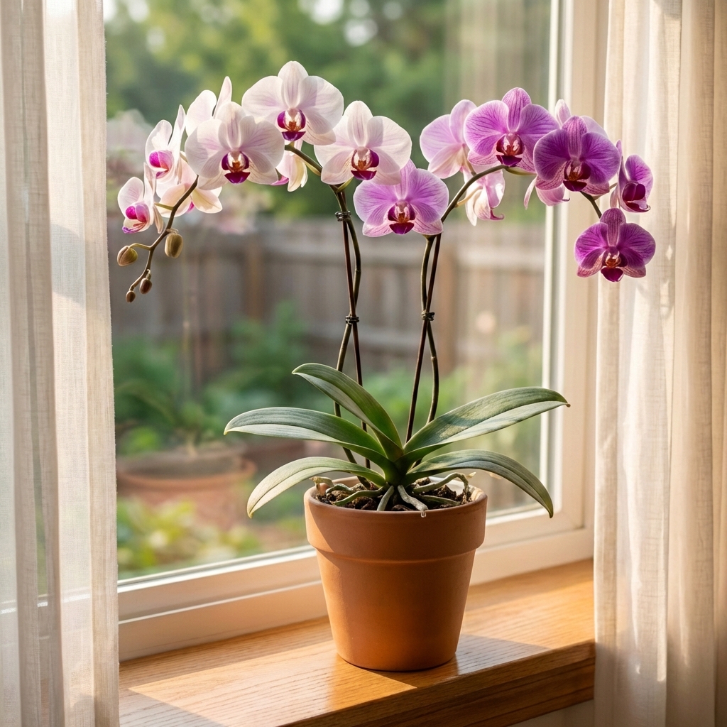 A single indoor orchid placed near an east-facing window with soft morning light and no direct hot sun hitting the leaves