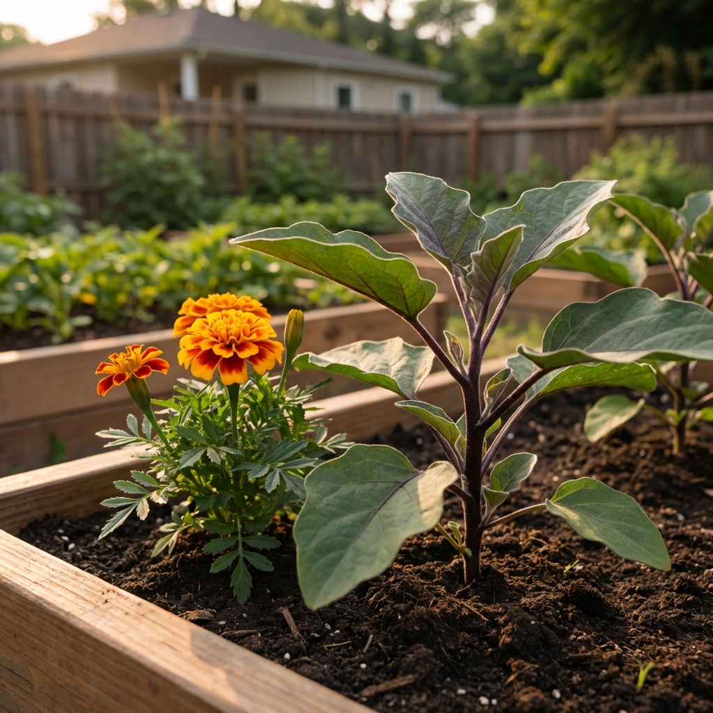 A single marigold plant blooming next to an eggplant stem with dark green leaves