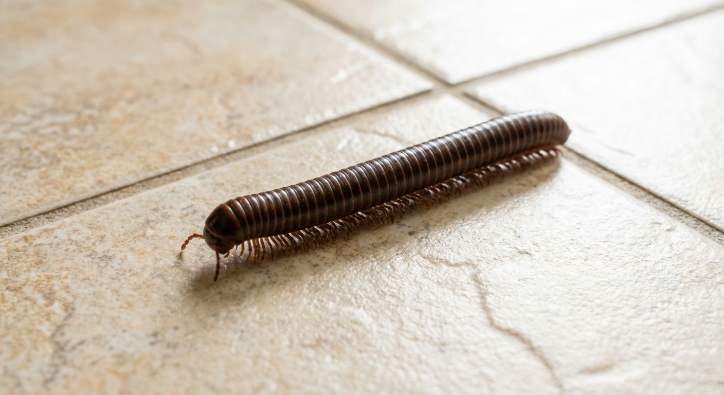 A single millipede on a light-colored tile floor indoors, photographed from above with clear detail of the segmented body and many small legs, natural household lighting