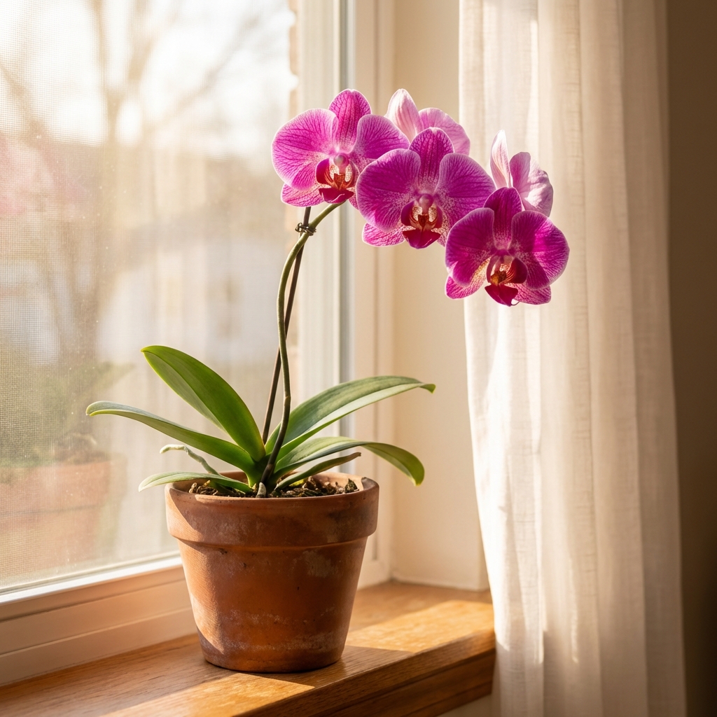 A single orchid plant placed near a bright east-facing window with sheer curtain light