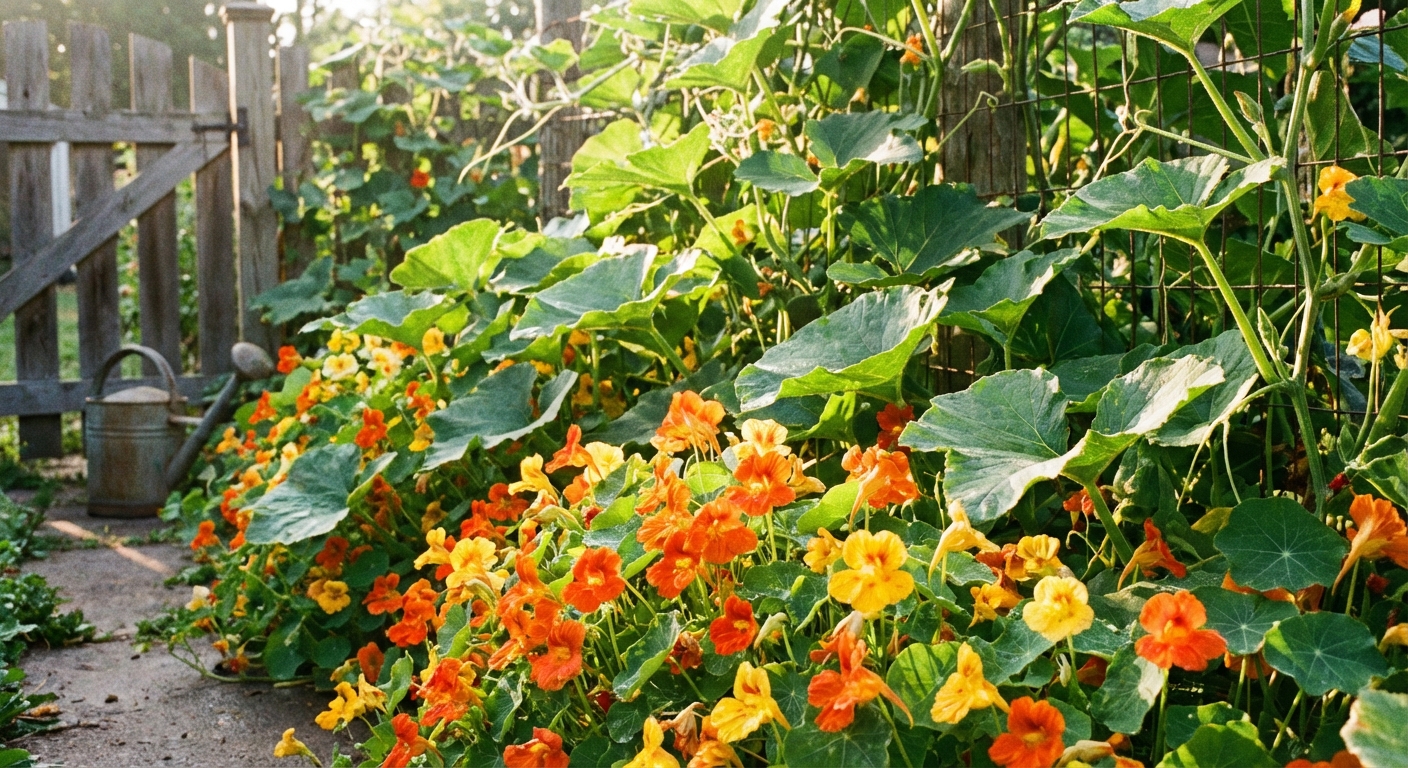 A single photo of orange and yellow nasturtium flowers growing at the edge of a squash patch, with broad squash leaves in the background, bright morning sunlight