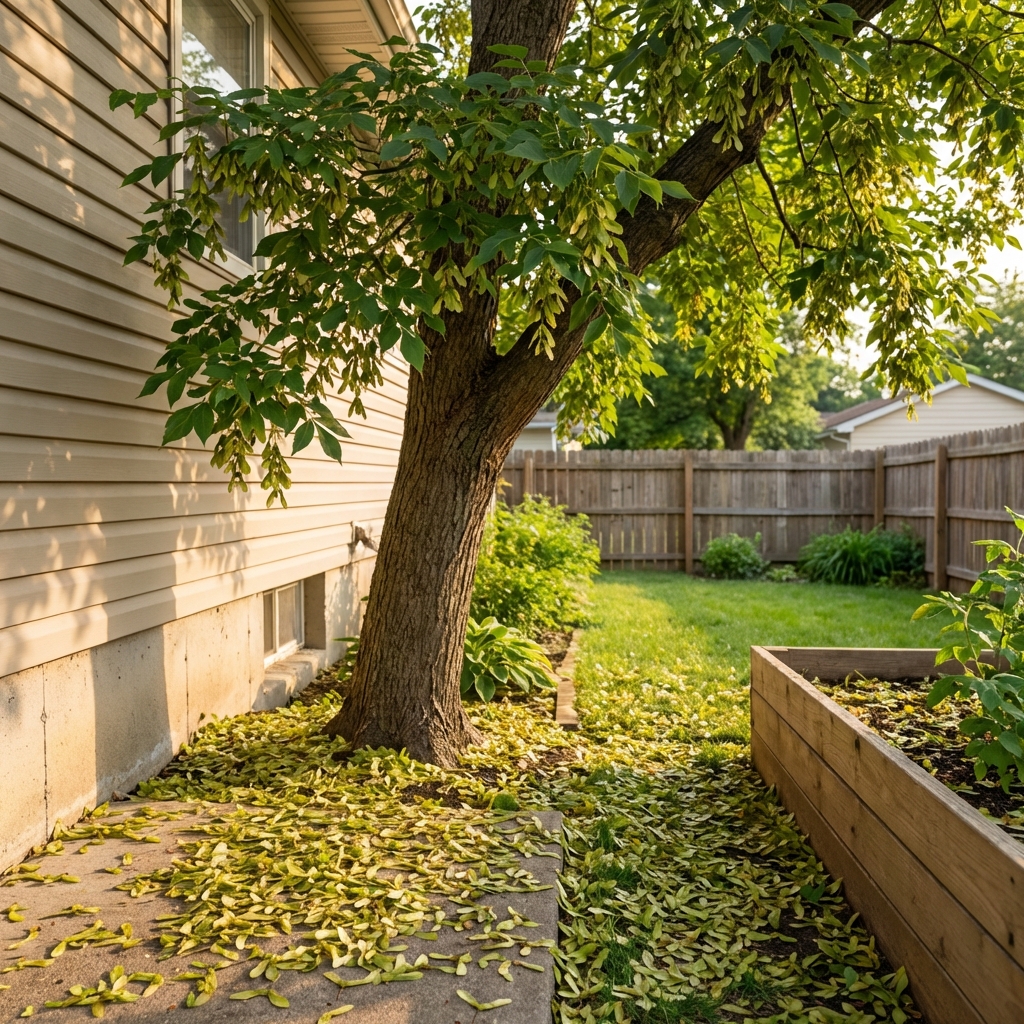 A single photograph of a boxelder or maple tree near a house with fallen seeds scattered on the ground by the foundation