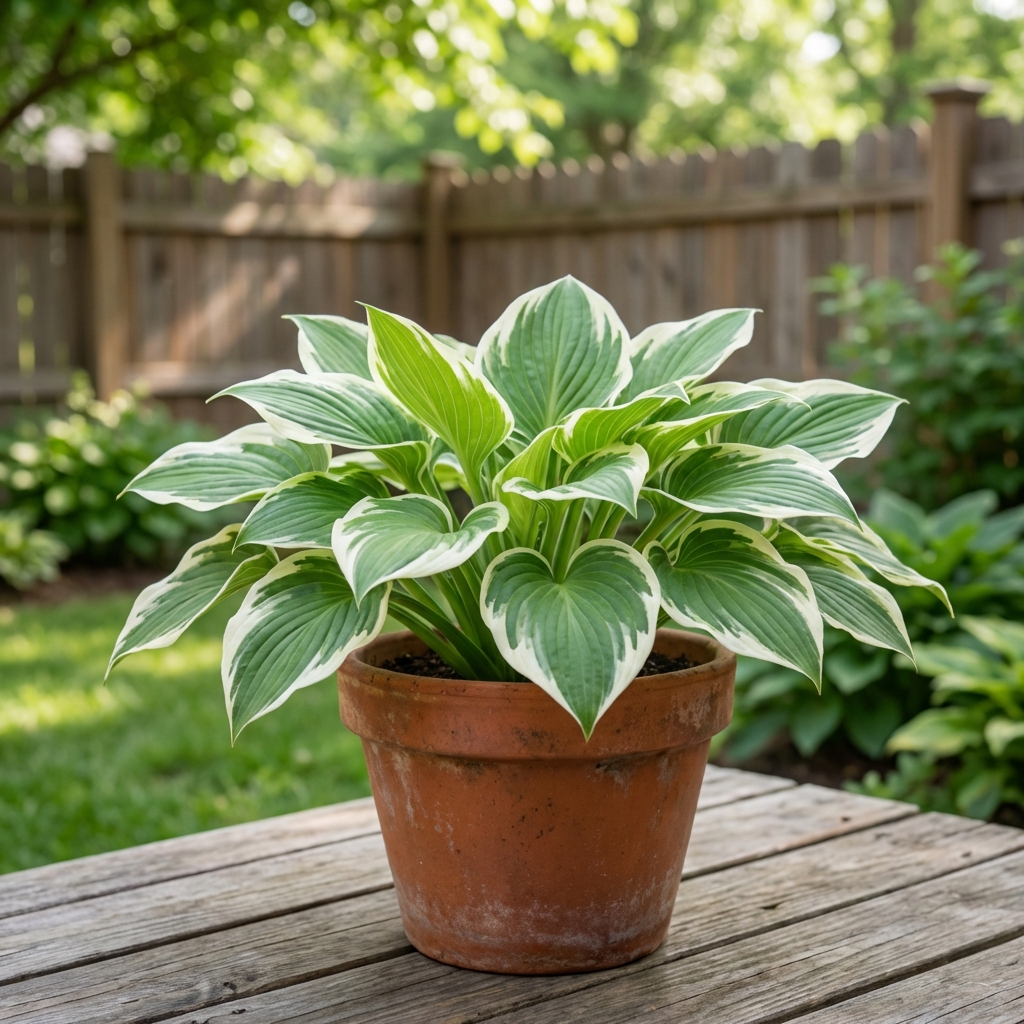 A single photograph of a healthy potted plant on a patio with clean leaves in bright shade