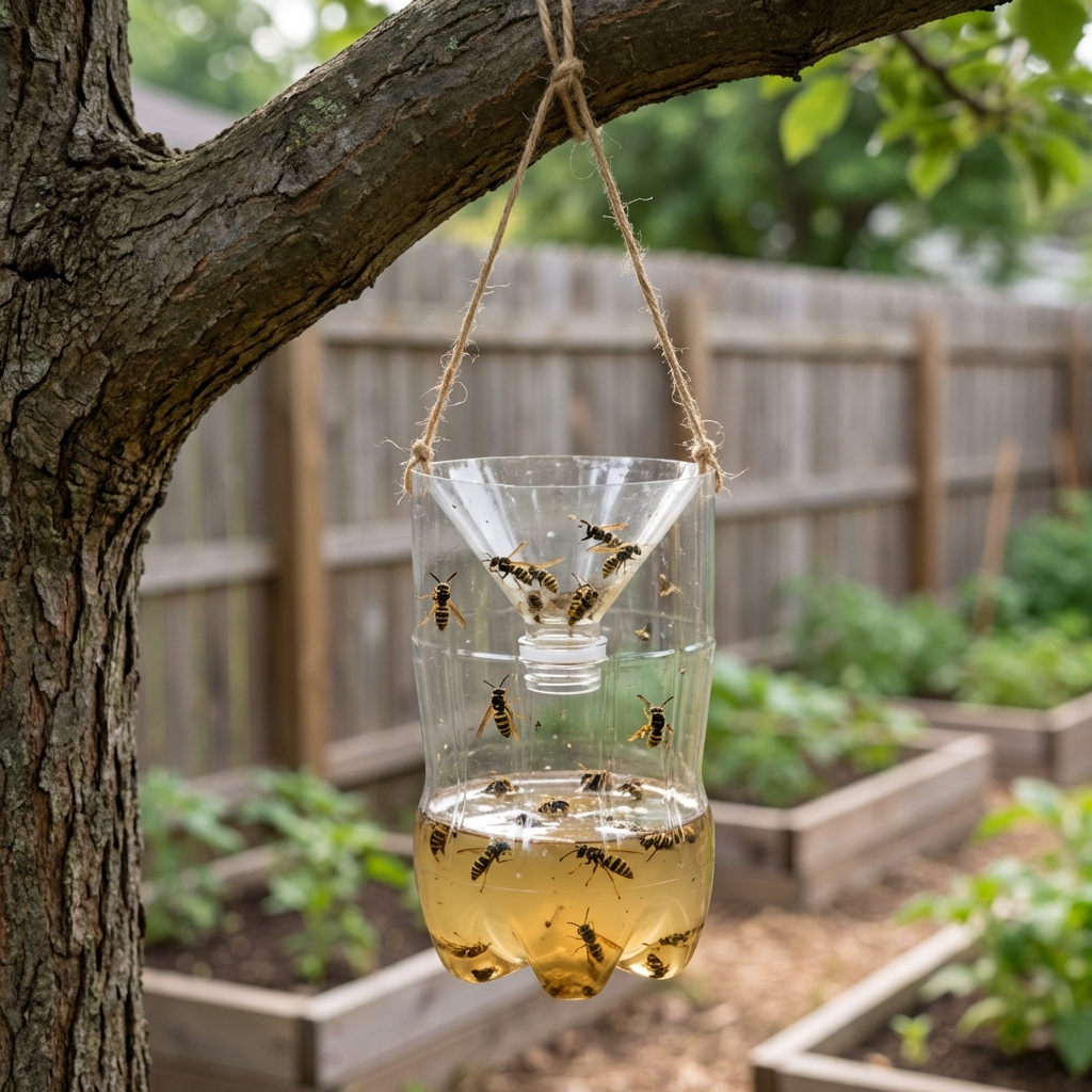 A single photograph of a homemade wasp trap hanging from a tree branch in a backyard