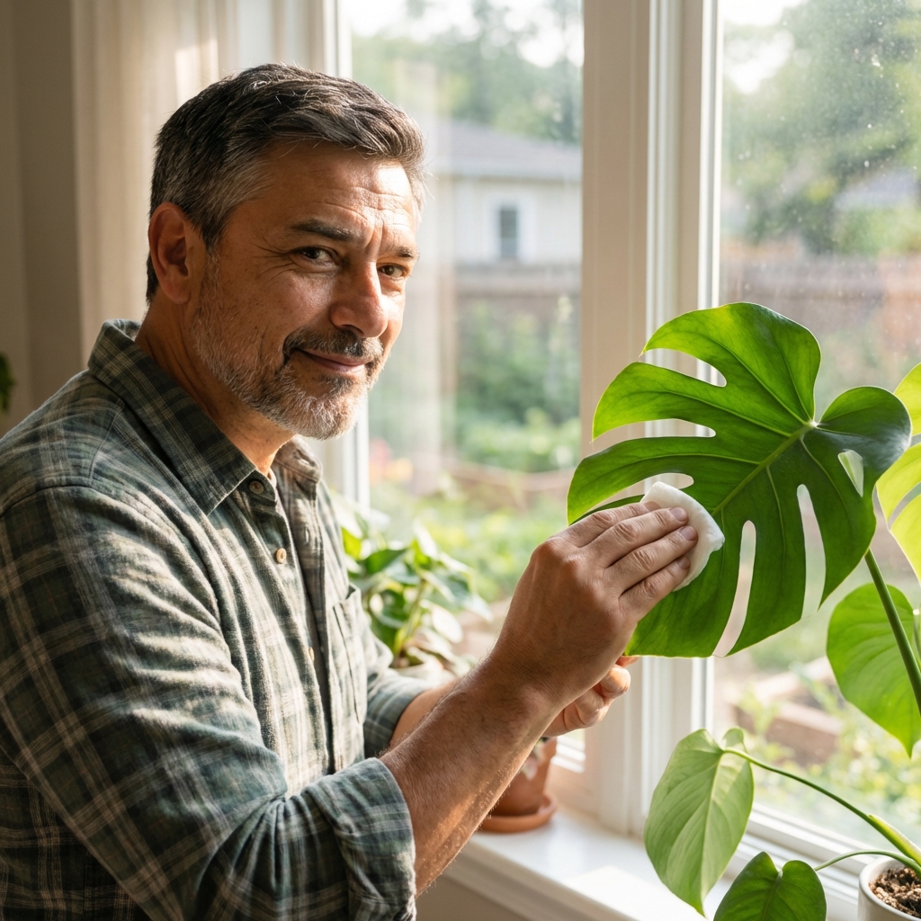 A single photograph of a person wiping the underside of a houseplant leaf with a cotton pad near a bright window