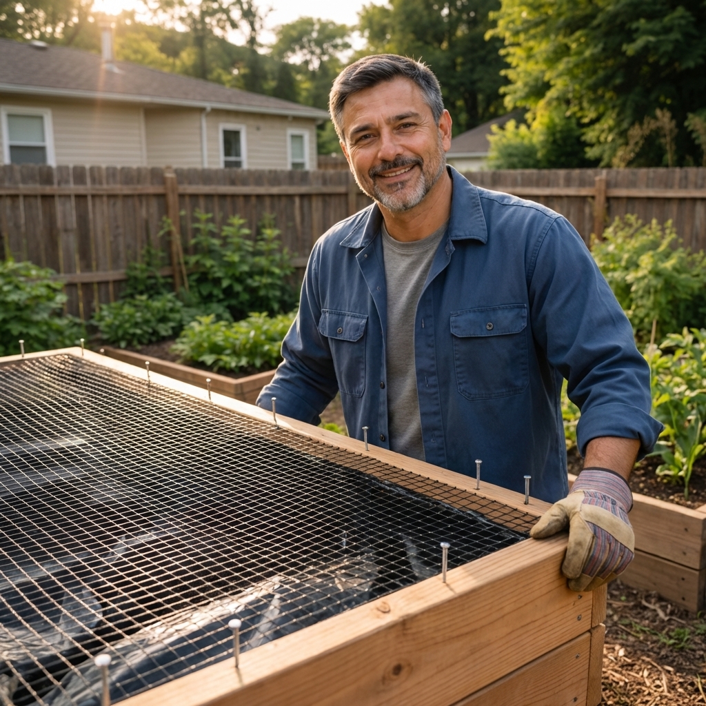 A single raised garden bed with black netting stretched tight and pinned down along the edges