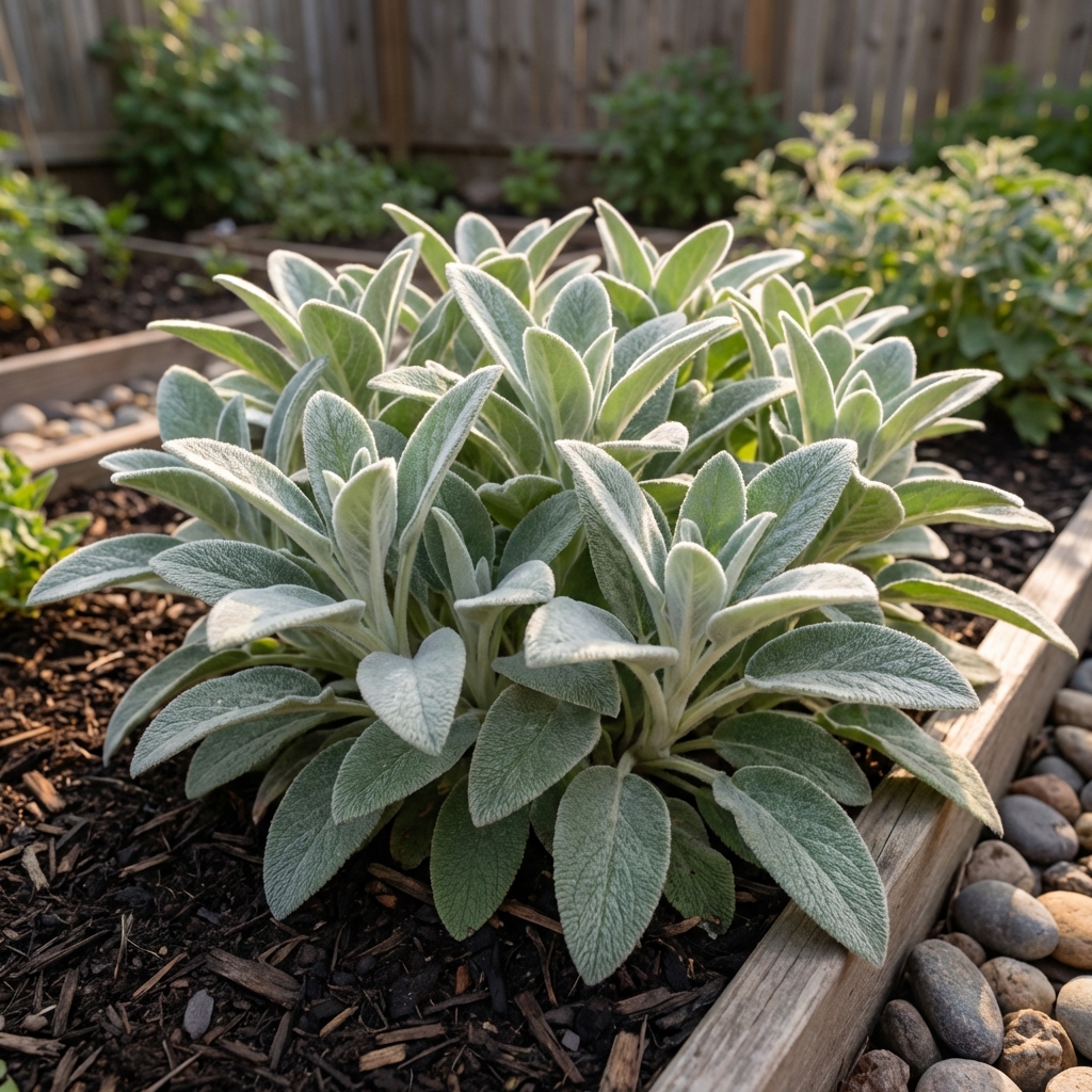 A single real clump of lamb’s ear with soft silver fuzzy leaves in a garden bed