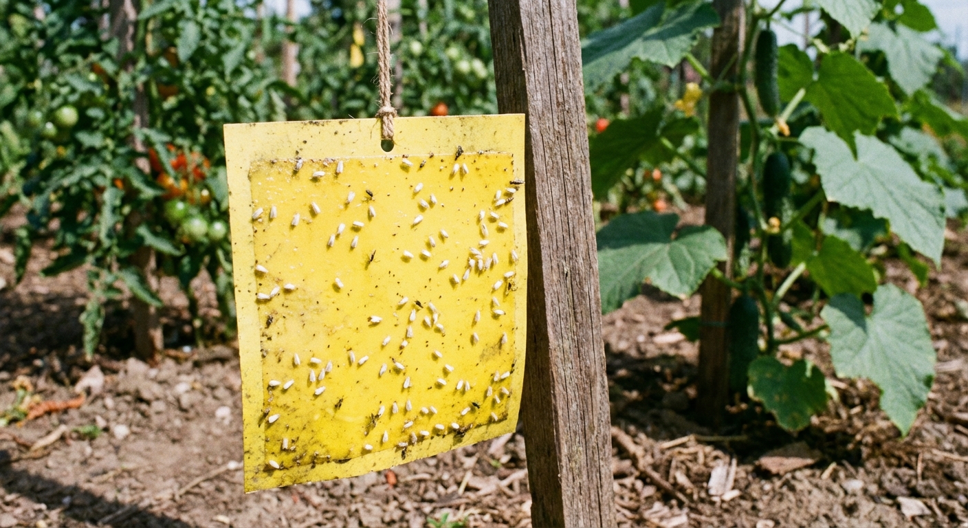 A single real photo of a yellow sticky trap card hanging from a stake beside garden plants, with small whiteflies stuck to the surface in natural daylight