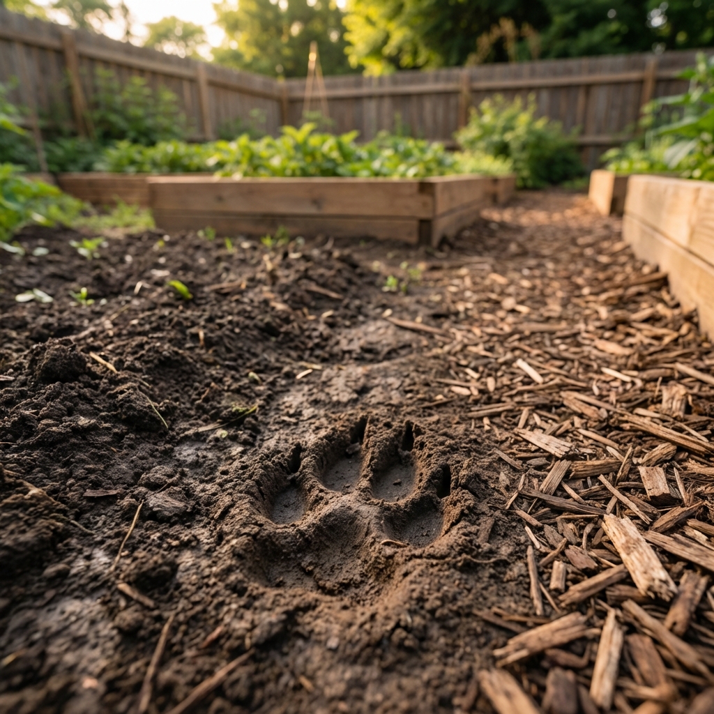 A single red fox track pressed into damp garden soil near a mulch path