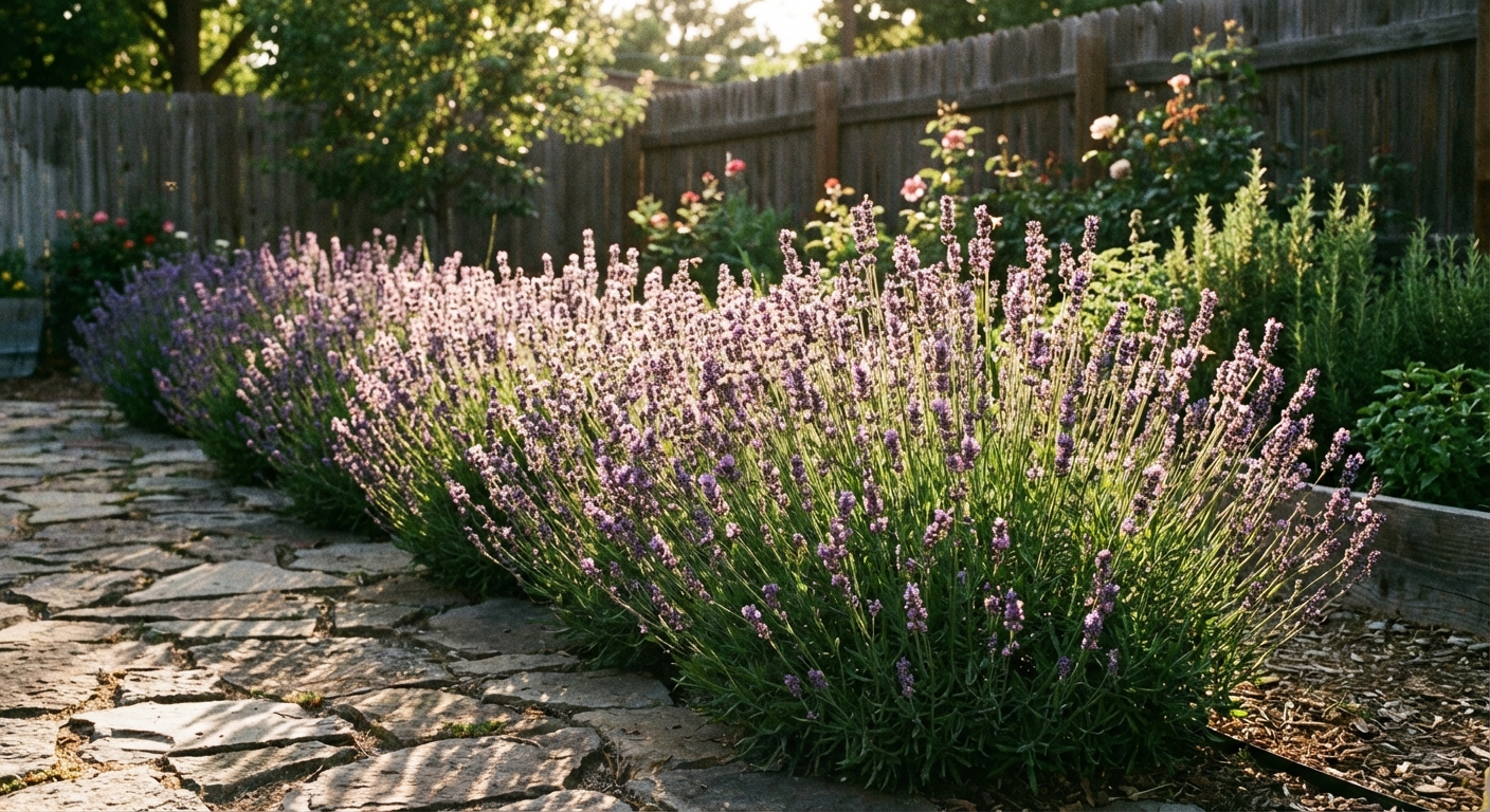 A single row of lavender plants growing along the edge of a garden bed beside a stone path, late afternoon light in a backyard