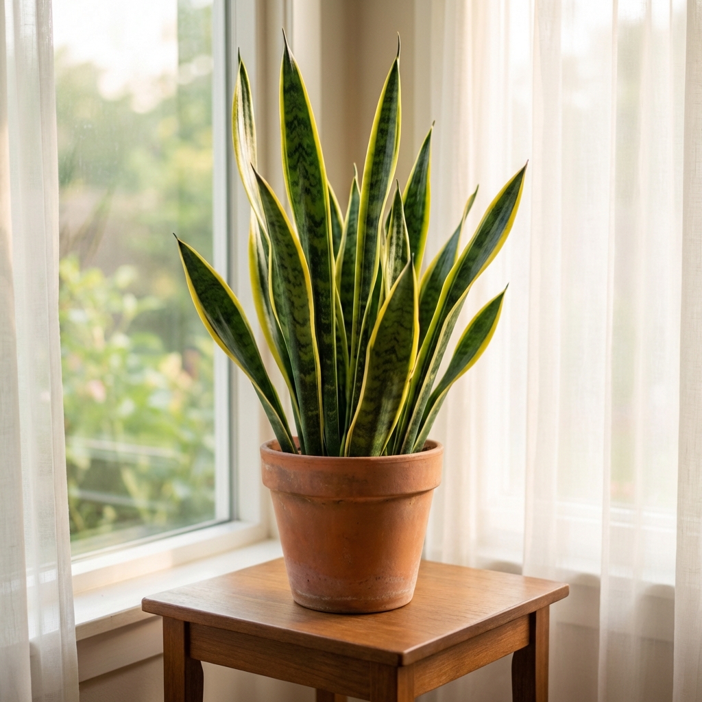 A single snake plant on a small table positioned a few feet from a bright window with sheer curtains