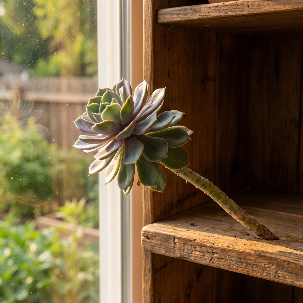 A single succulent with a stretched stem leaning toward a window on an indoor shelf