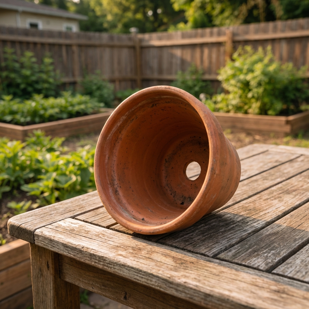 A single terracotta pot with a drainage hole visible underneath, sitting on a patio table