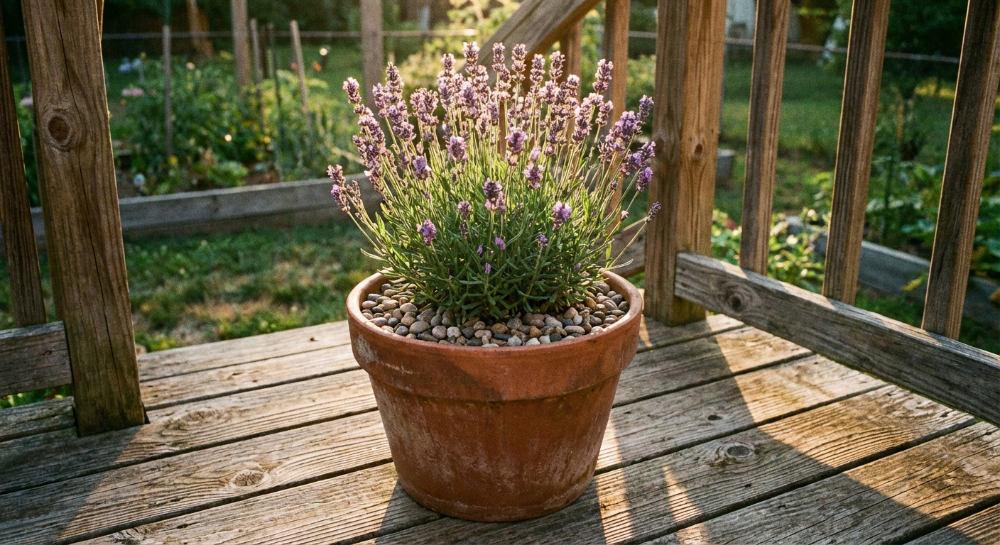 A single terracotta pot with a healthy lavender plant on a wooden deck, soil surface topped with small gravel, late afternoon sunlight, photorealistic