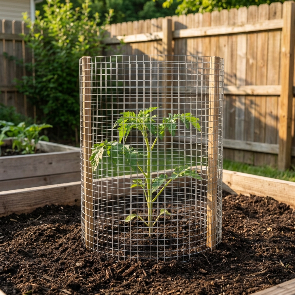A single tomato seedling protected by a hardware cloth cylinder staked into garden soil