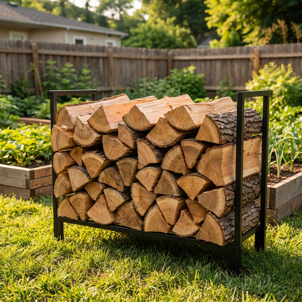 A single woodpile stacked on a raised rack in a sunny spot away from a home