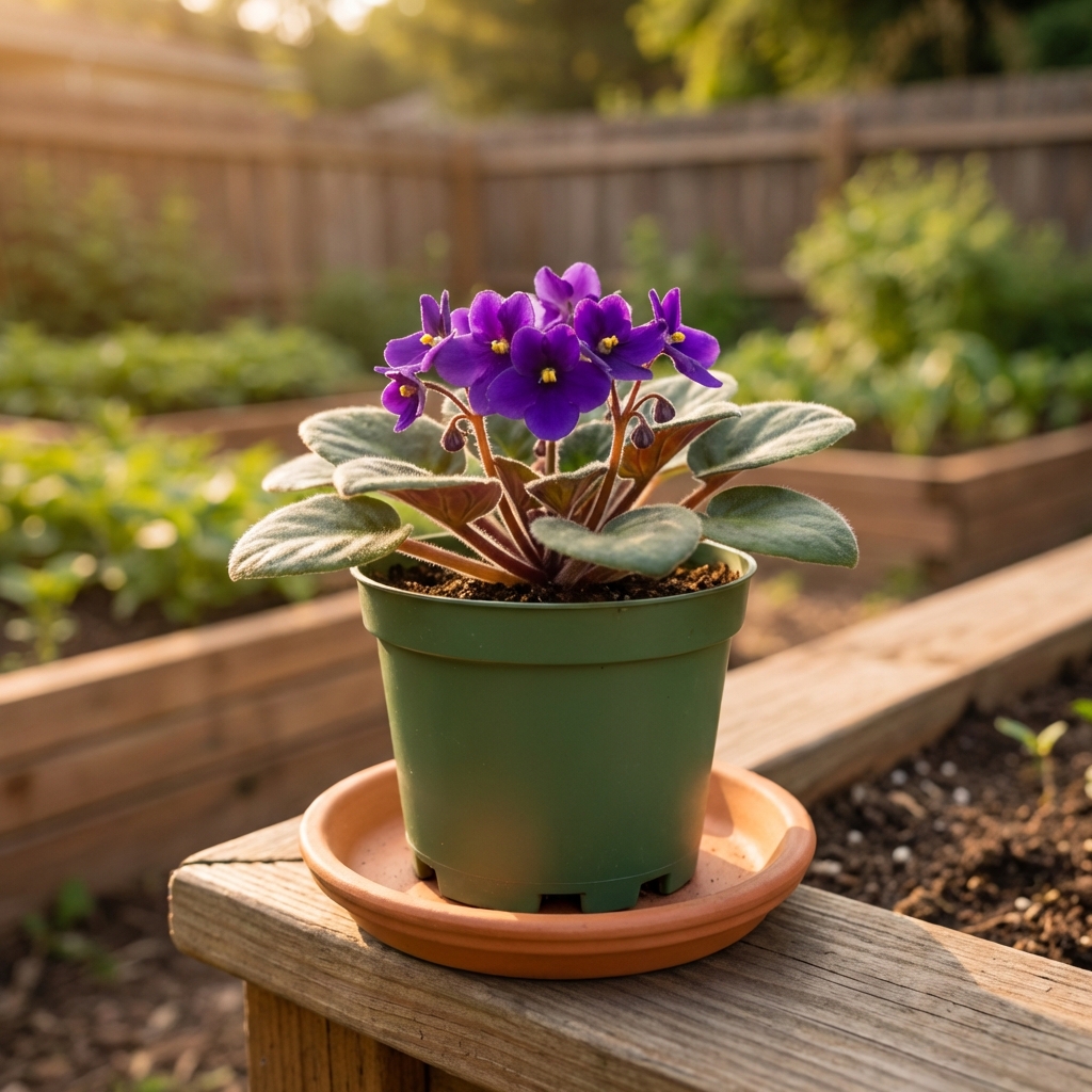 A small African violet in a plastic pot with drainage holes sitting in a shallow saucer