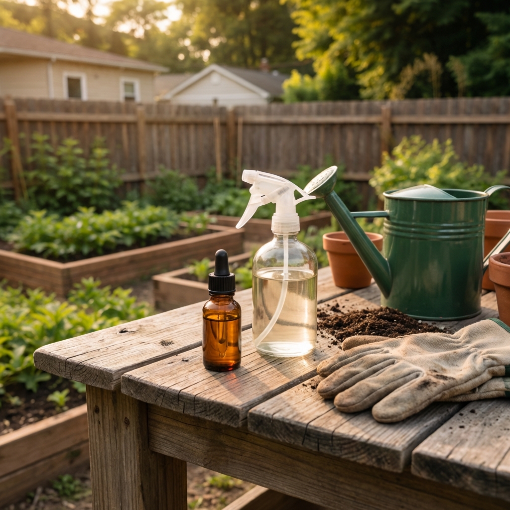 A small amber bottle of essential oil and a spray bottle sitting on an outdoor potting bench next to gloves and a watering can