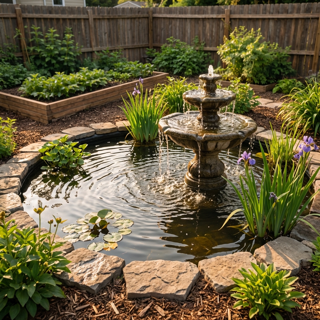 A small backyard pond with a fountain running and water rippling in afternoon light