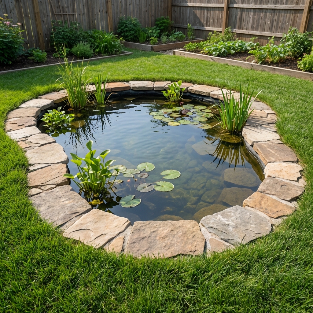 A small backyard pond with neatly trimmed grass around the edge and a clear stone border