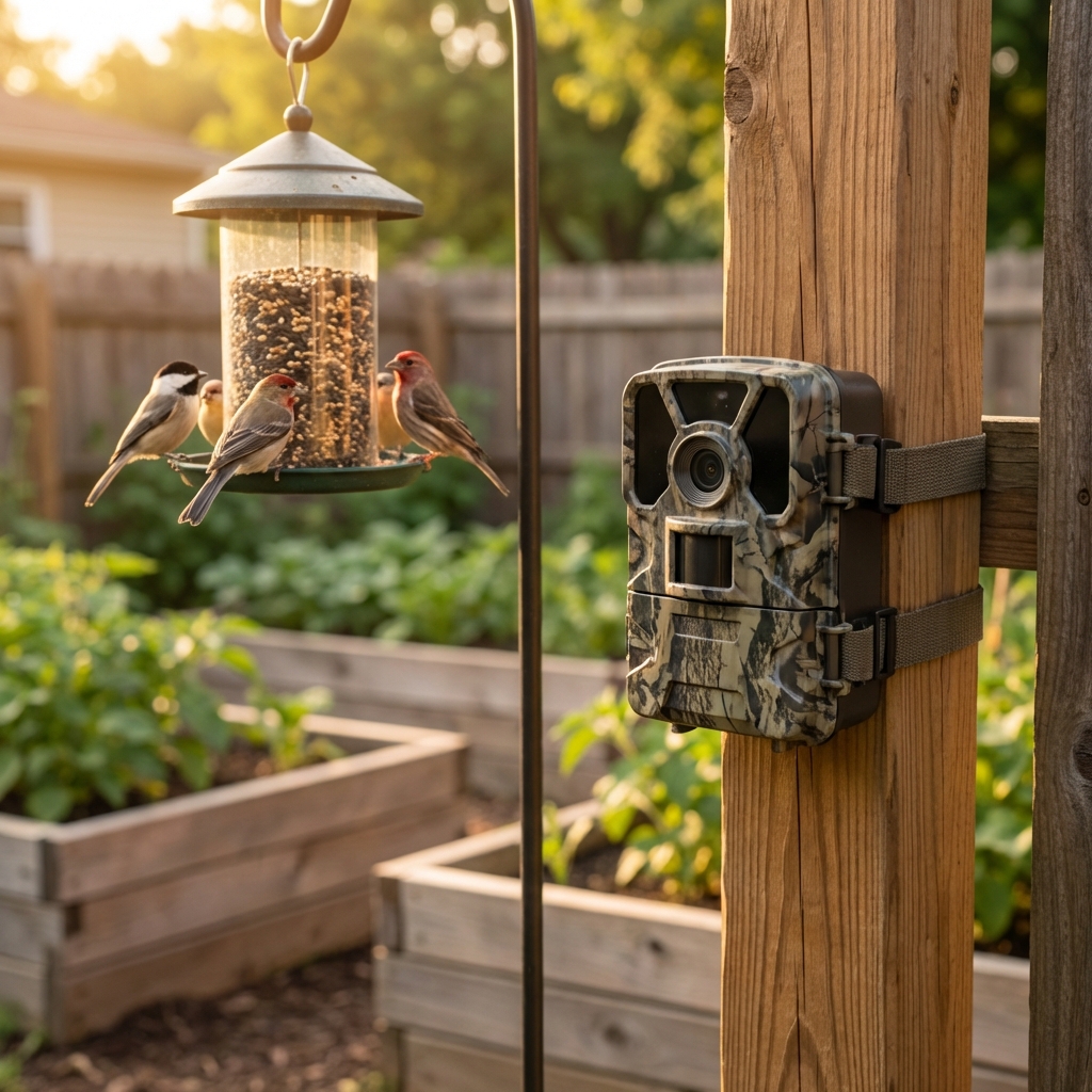 A small backyard wildlife camera mounted on a fence post aimed at a bird feeder