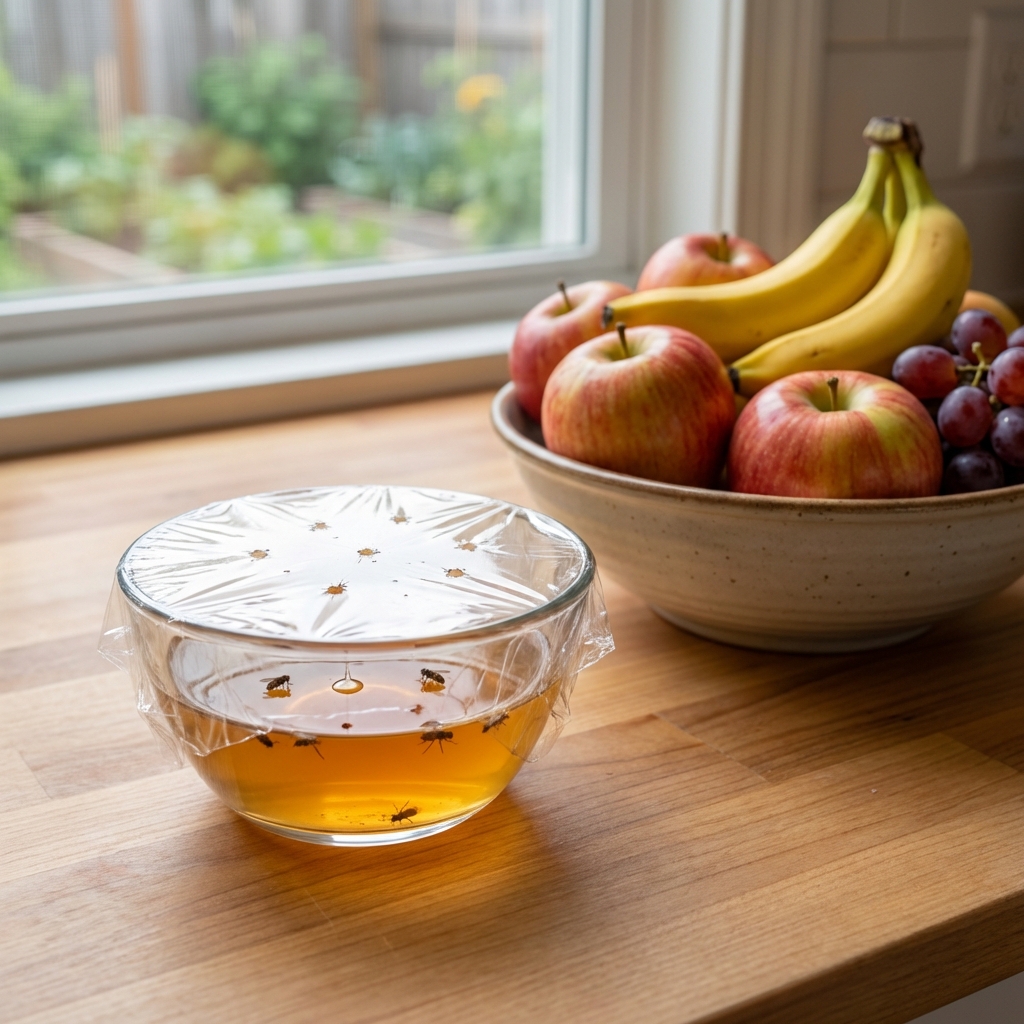 A small bowl of apple cider vinegar trap sitting on a kitchen counter near a fruit bowl